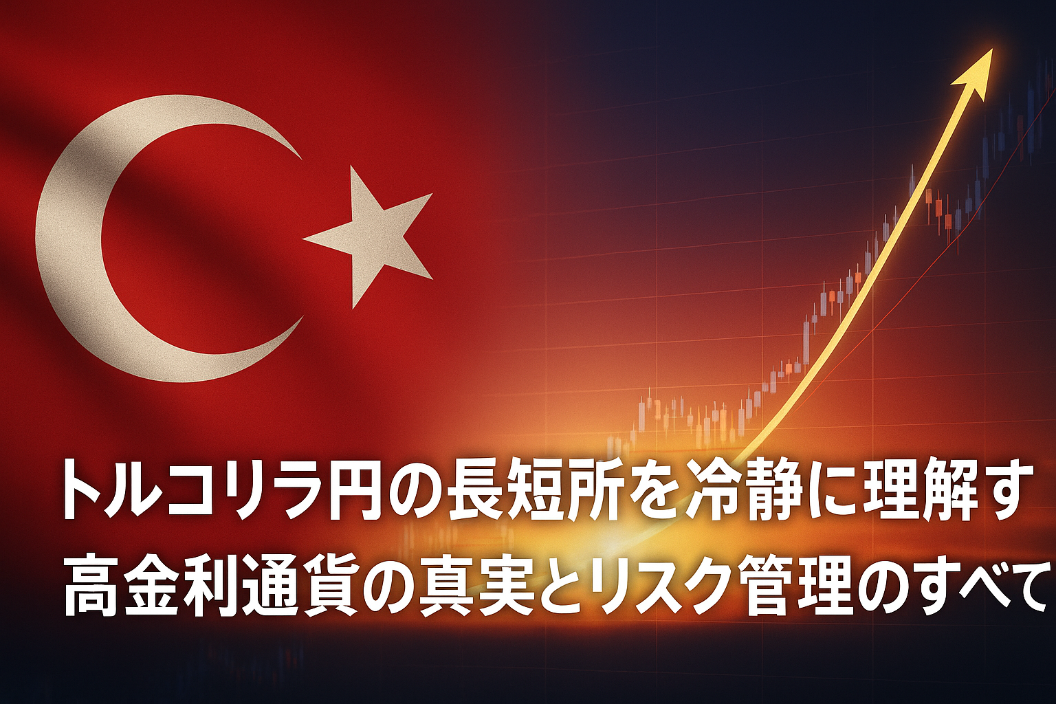 トルコ国旗を背景に、為替チャートが右上に上昇するグラフィック。 トルコリラ円の未来とリスク管理を象徴するイメージ。